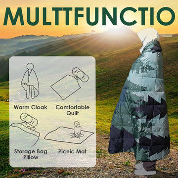 ODESUN down-alternative blanket outdoors delivering lightweight warmth for camping.
