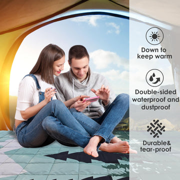 ODESUN Verdant 78x55 blanket spread on campsite demonstrates generous coverage.