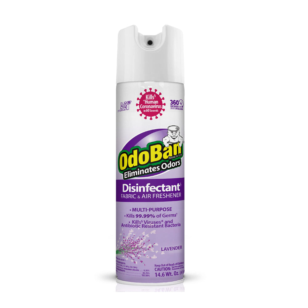 OdoBan lavender-scent 360-degree spray bottle for disinfecting and odor neutralization.