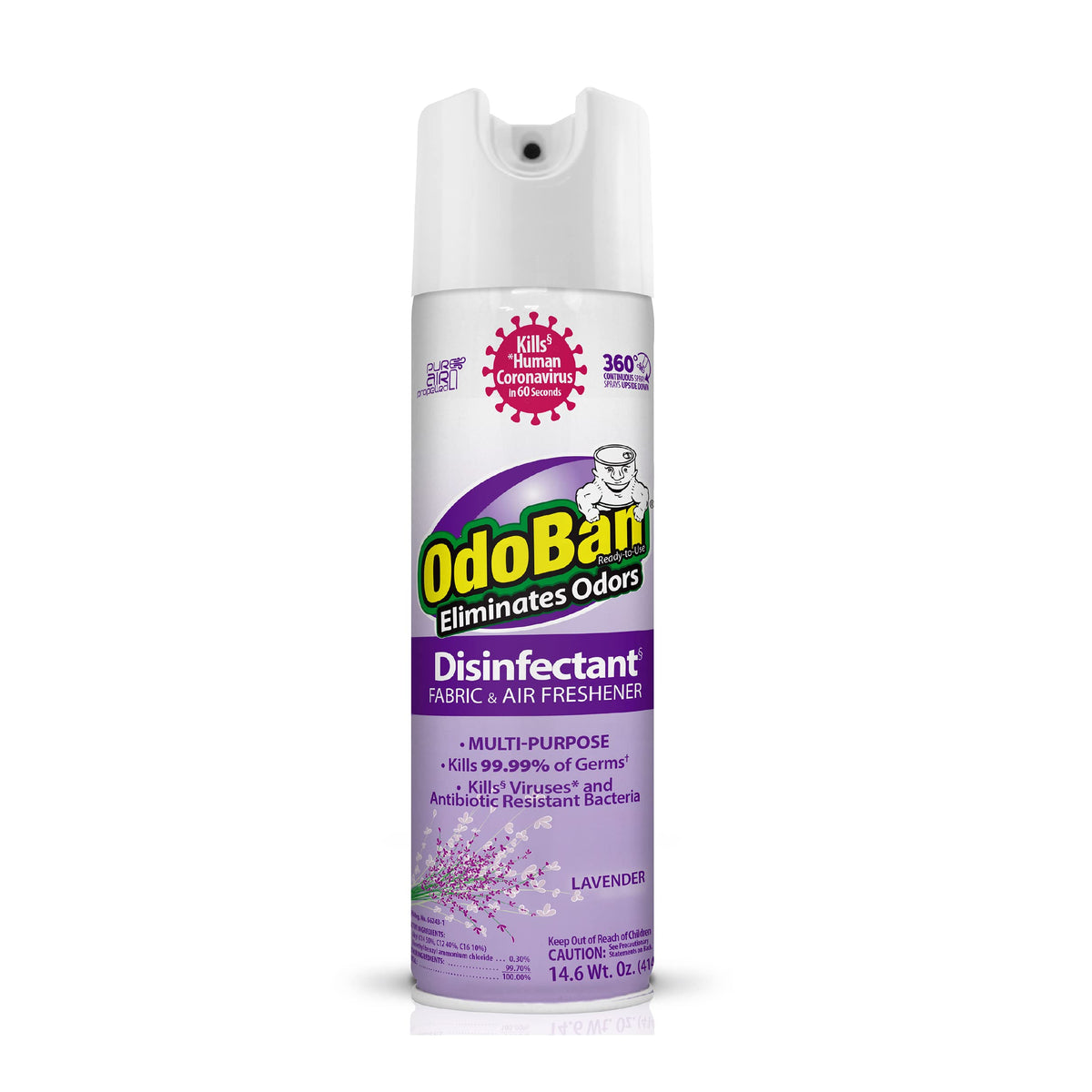 OdoBan lavender-scent 360-degree spray bottle for disinfecting and odor neutralization.