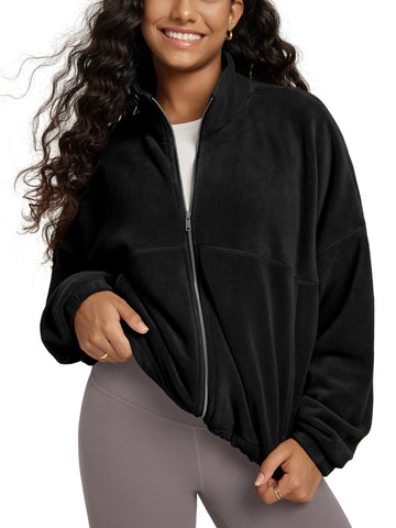 ODODOS polar fleece jacket front view showing cinchable hem and zip for warmth and style