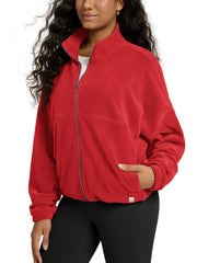 ODODOS women's polar fleece jacket red front view shows cozy warmth and full-zip