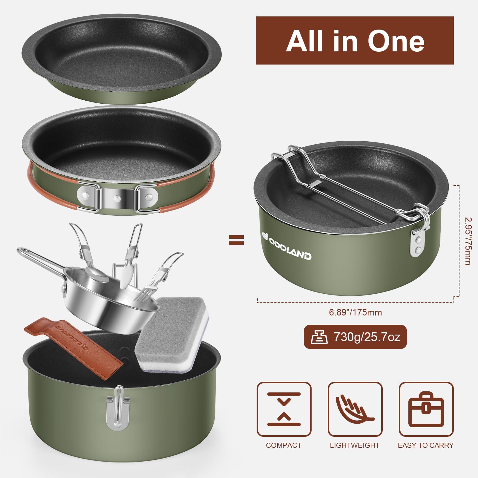 Odoland 10pcs camping cookware pan for quick trail cooking with non-stick surface