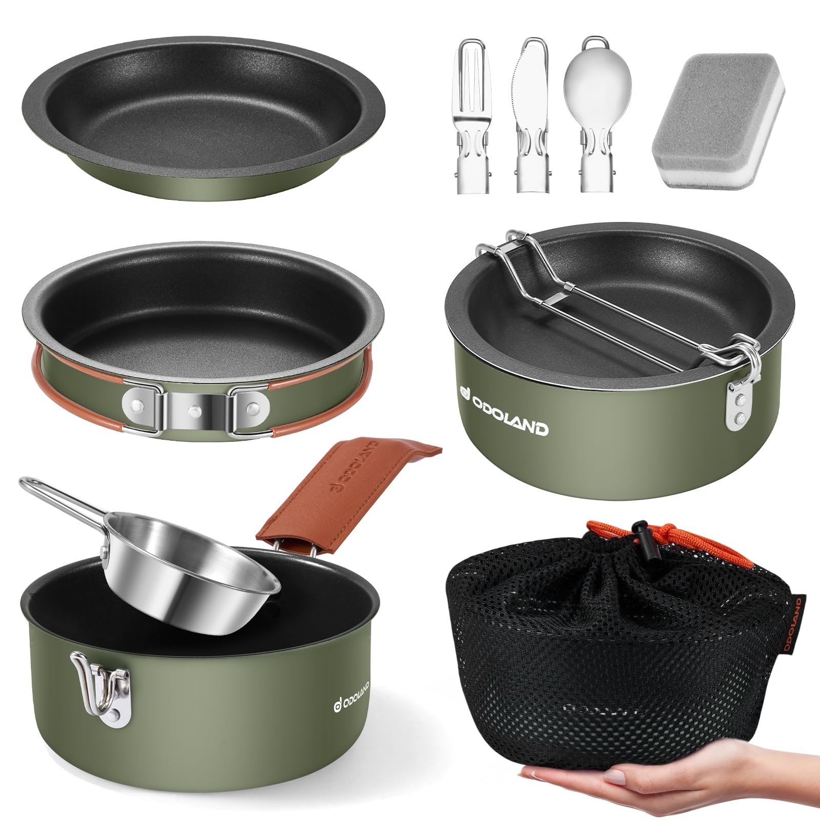 Odoland 10pcs camping cookware pot for lightweight backpacking with even heat