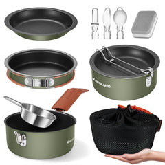 Odoland 10pcs camping cookware pot for lightweight backpacking with even heat