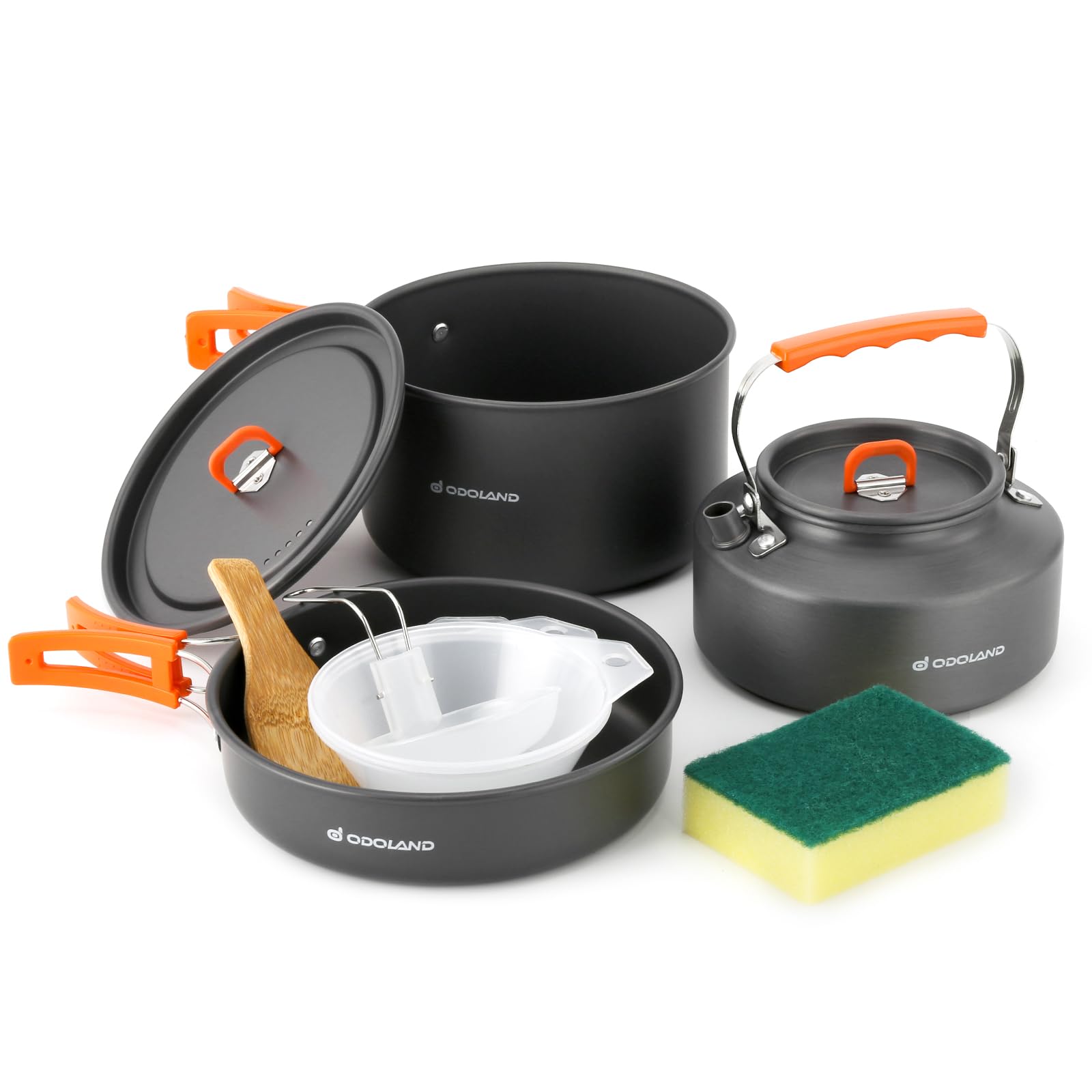 Odoland camping cookware set assembled for easy outdoor meals.