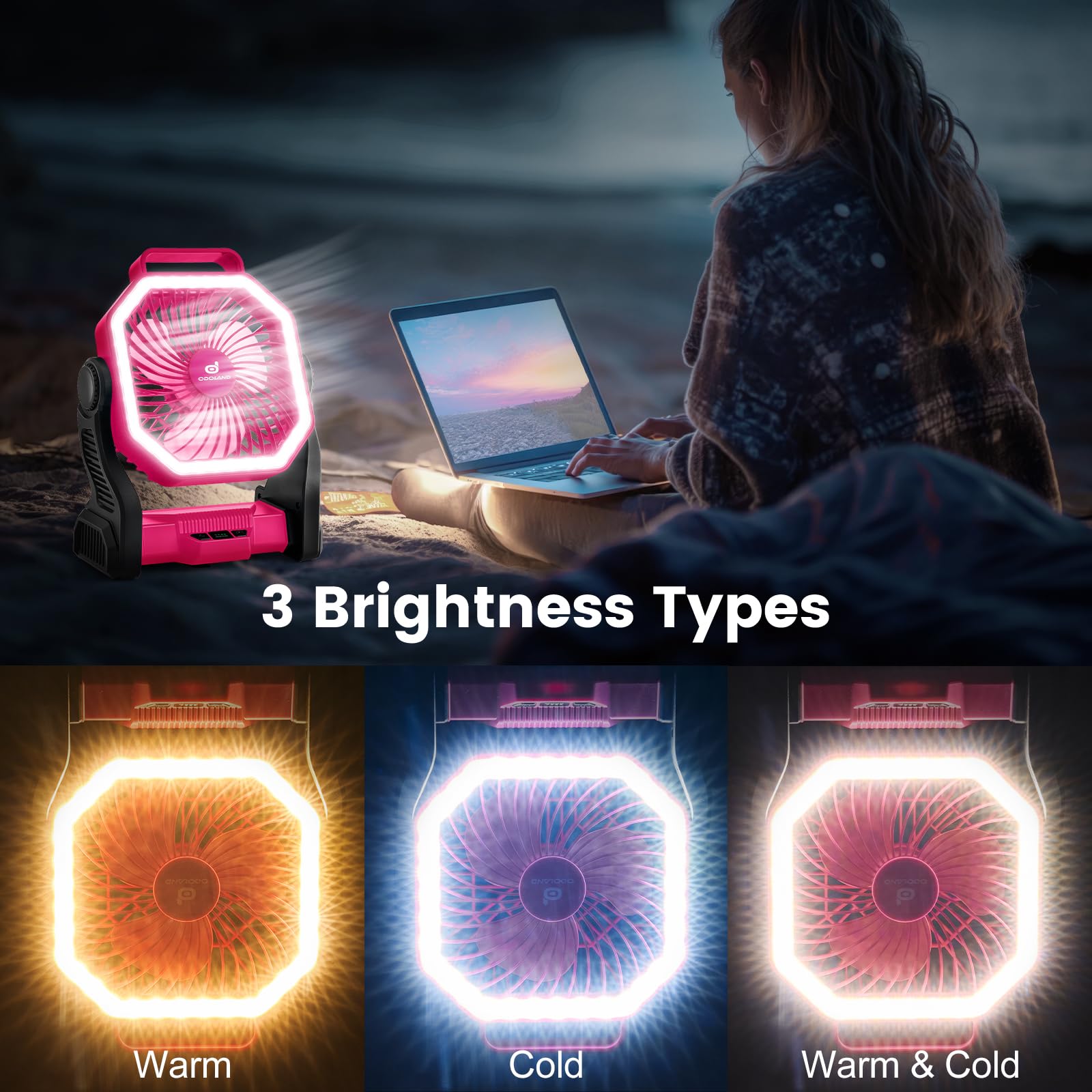 Odoland 20,000mAh battery camping fan side view powers outdoor comfort.