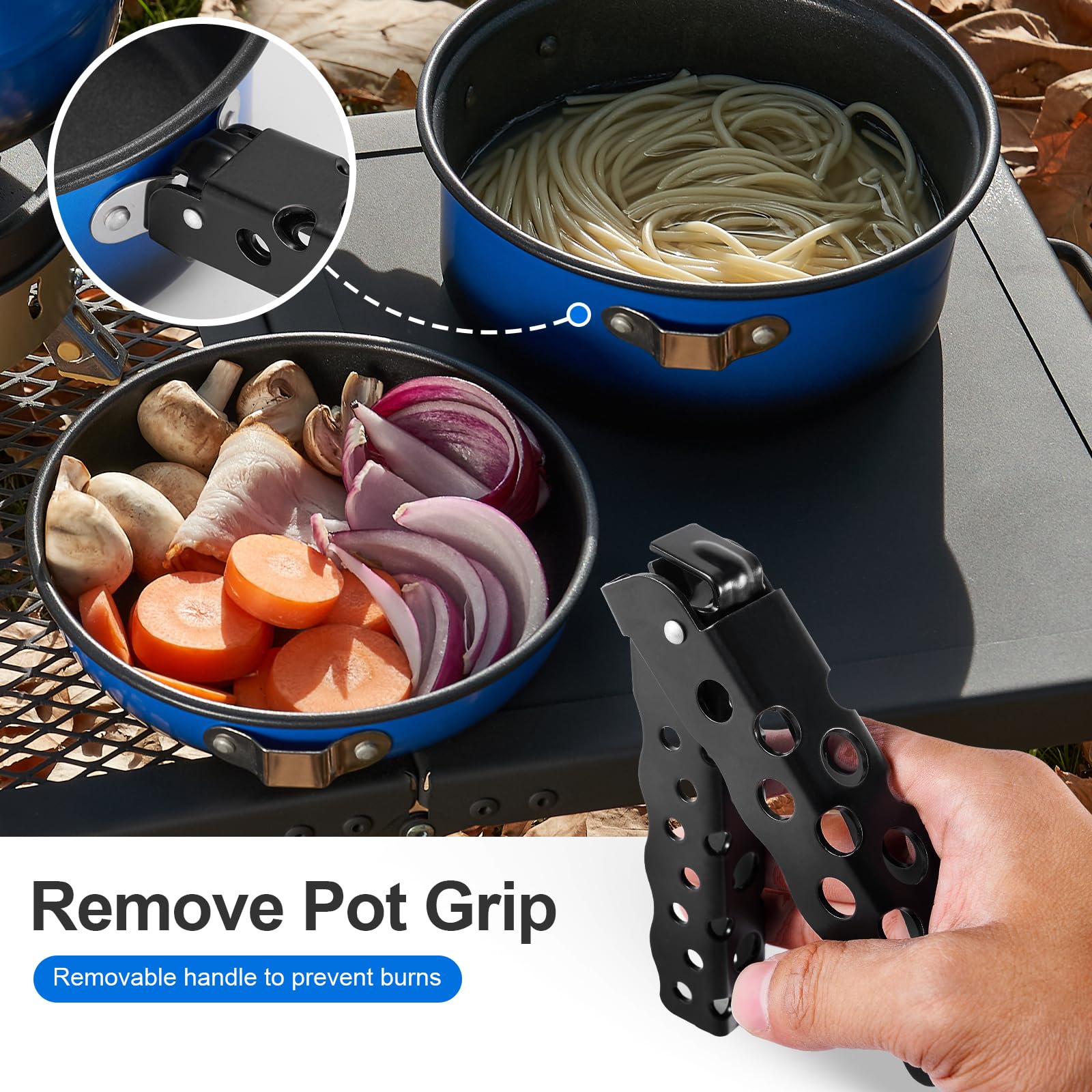 Odoland blue cookware stands out for easy campsite identification