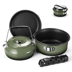 Odoland 5pcs camping cookware set assembled in green, ideal for backpacking meals.