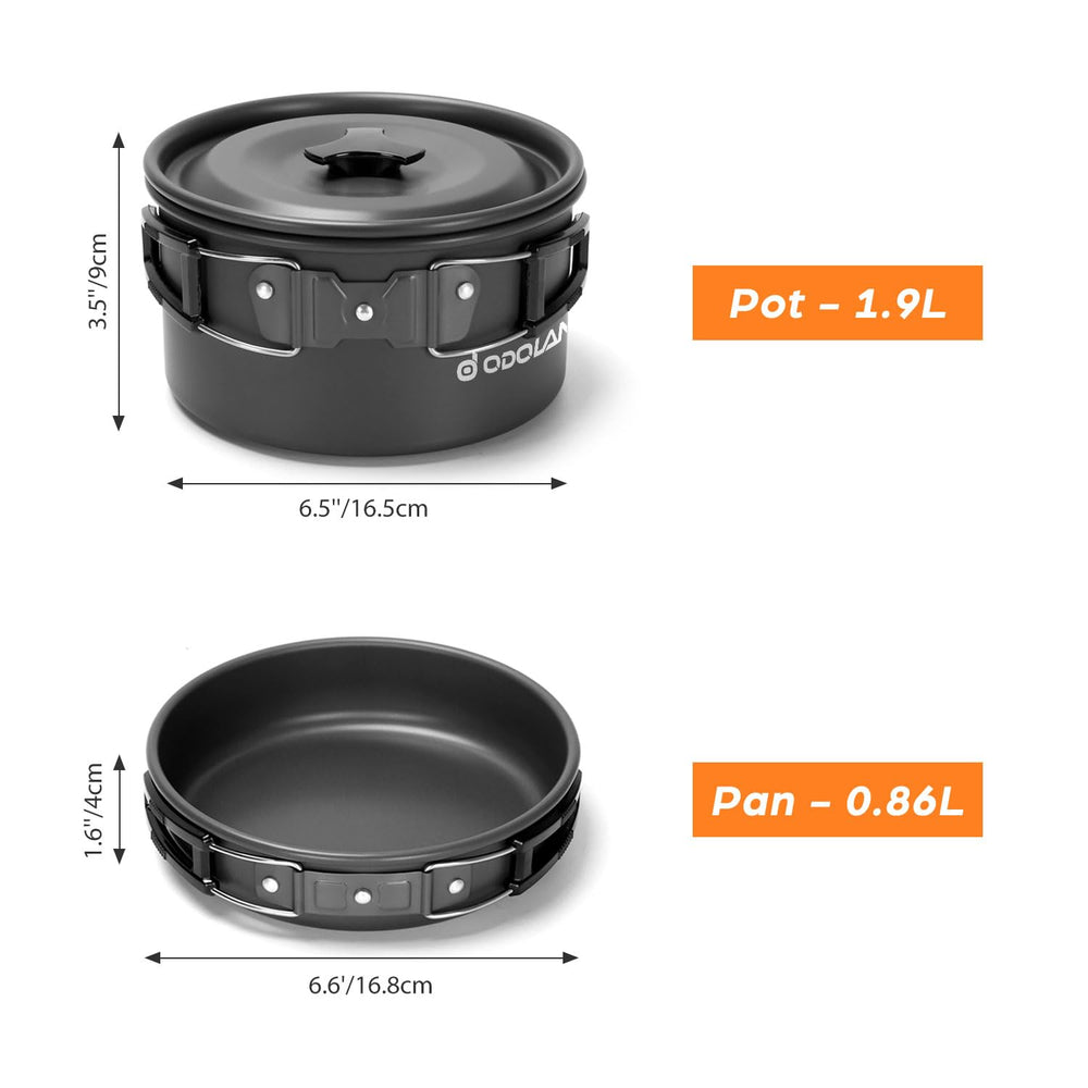 Odoland all-in-one camping mess kit packs into compact 7.5x7.5x5 inches