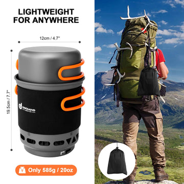 Odoland backpacking stove integrated system for quick meals during hikes.