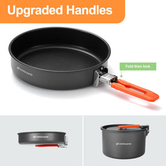 Odoland locking handles on pot and pan show one-touch fold for compact backpacking storage.
