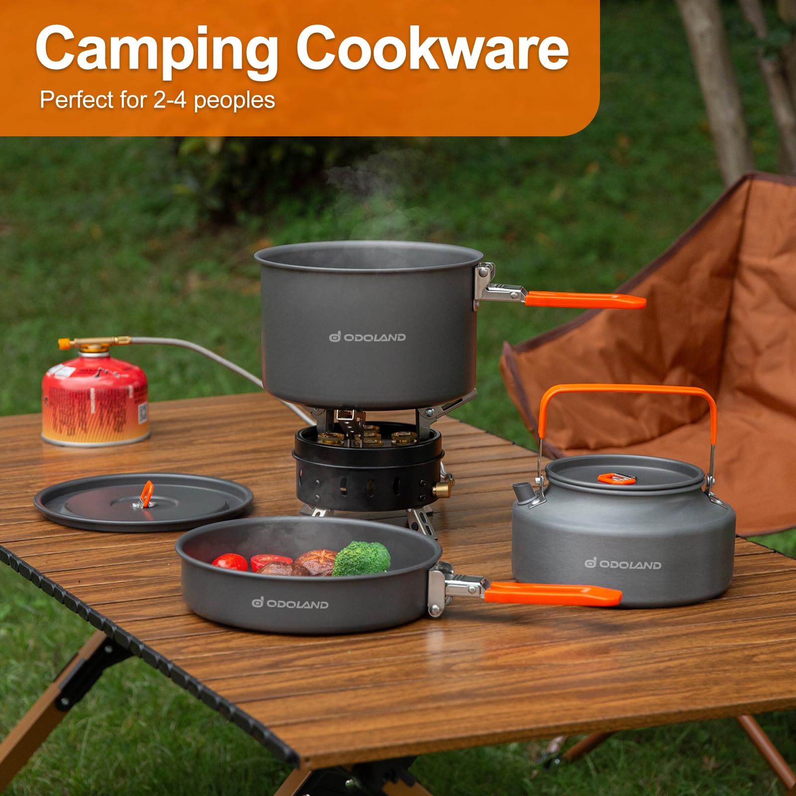 Odoland camping mess kit in-use captures family-friendly outdoor cooking versatility.