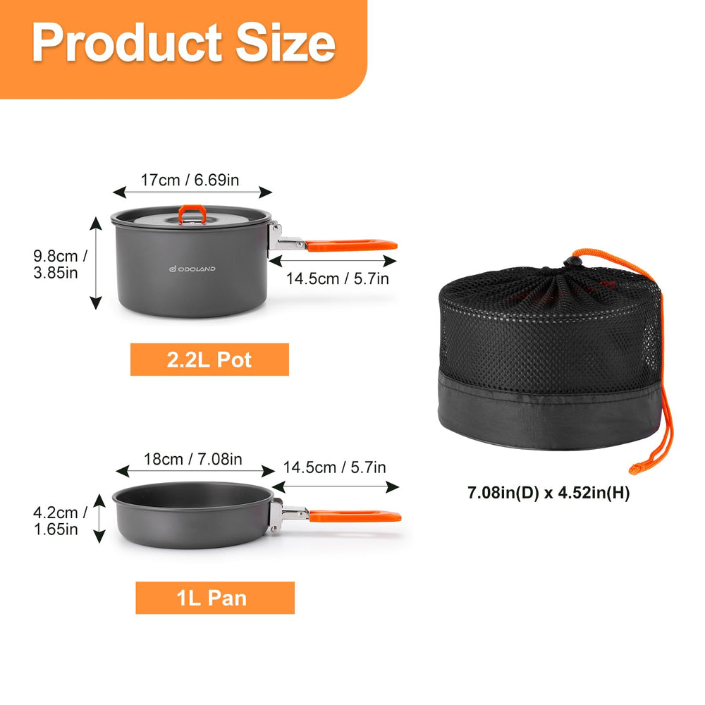 Odoland mess kit pot shows hard anodized finish and secure locking handle for safe cooking.