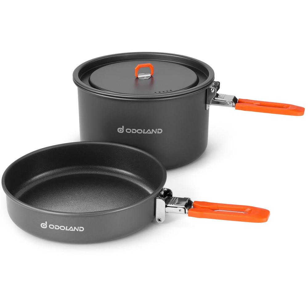 Odoland camping cookware pot with lid showing 4000ml capacity and heat-resistant handle for easy straining.