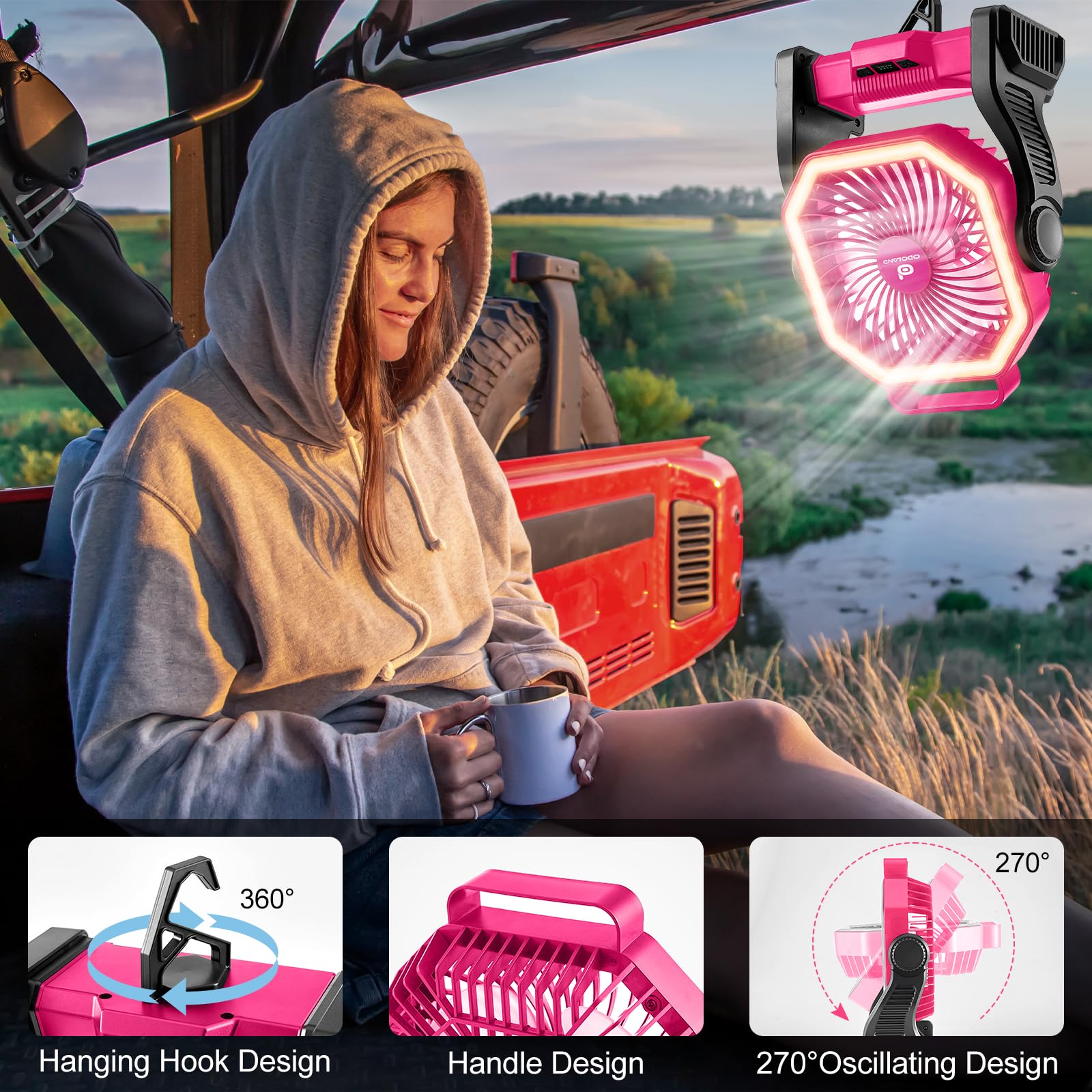 Odoland camping fan compact desk use and outdoor portability in one.
