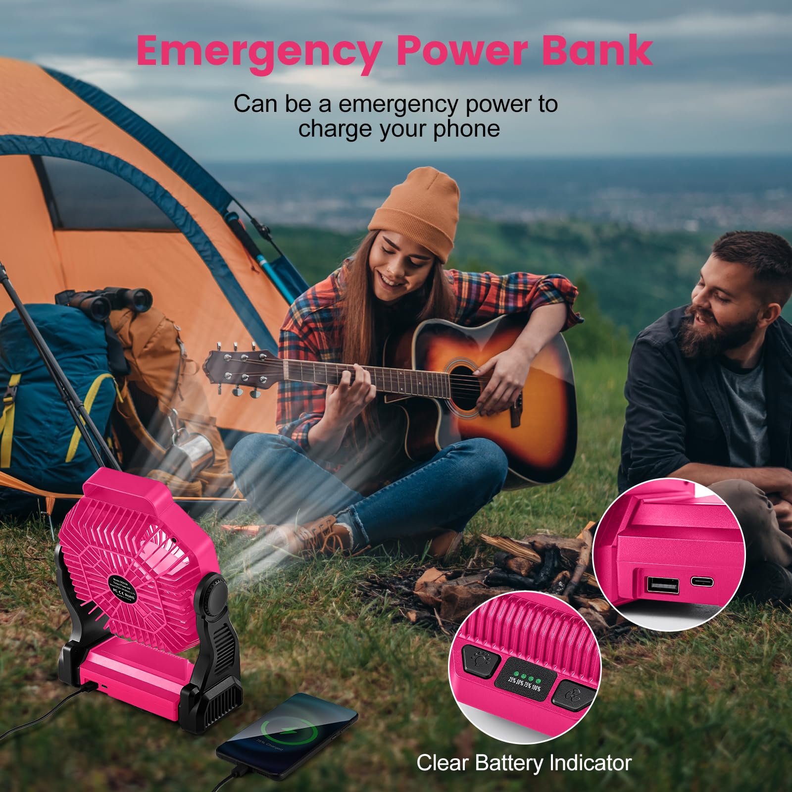 Odoland camping fan hanging hook closeup shows versatile hanging or desk use.