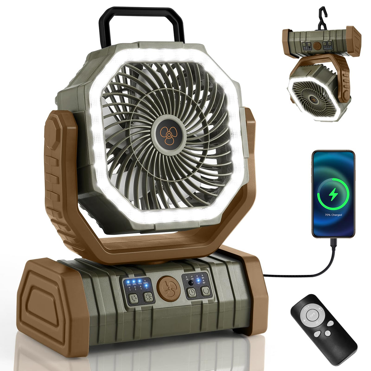 Odoland camping fan with LED lantern provides bright, long-lasting light for night camping.