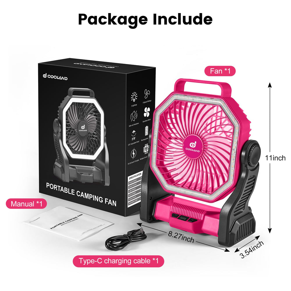Odoland camping fan reverse charging port demonstrates device charging capability.
