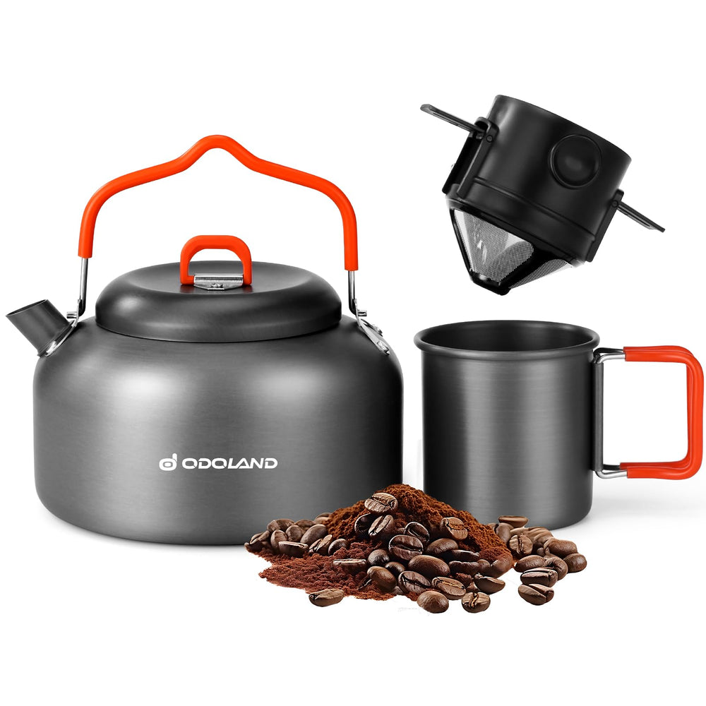 Odoland camping kettle 1.2L with durable hard anodized finish for quick boils.