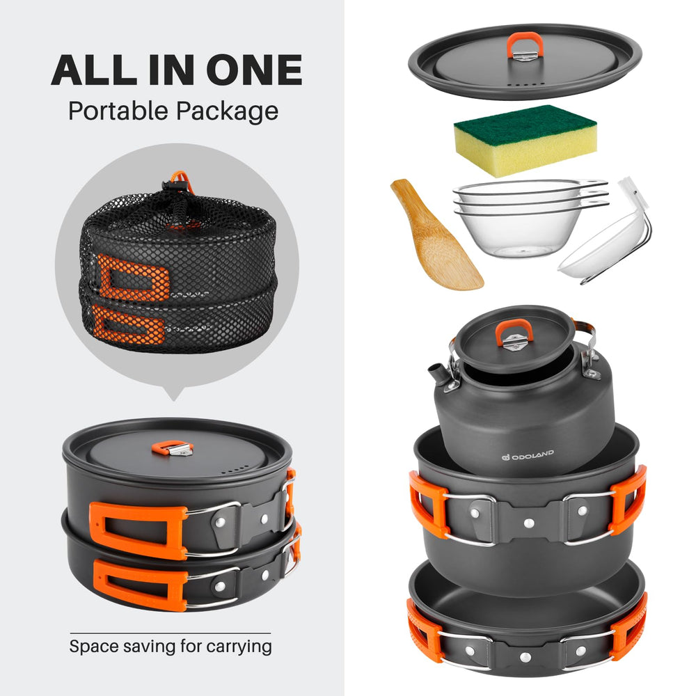 Odoland camping pots and pans folding handles close-up for compact backpacking.