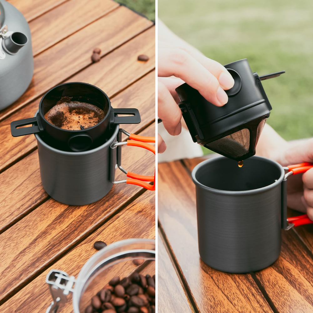 Odoland compact mesh bag keeps kettle and mug organized for travel.