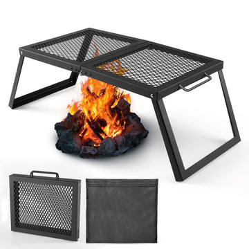 Odoland folding campfire grill with folded legs for compact storage and easy transport.