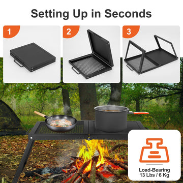 Odoland folding campfire grill features heavy-duty steel construction for durability.