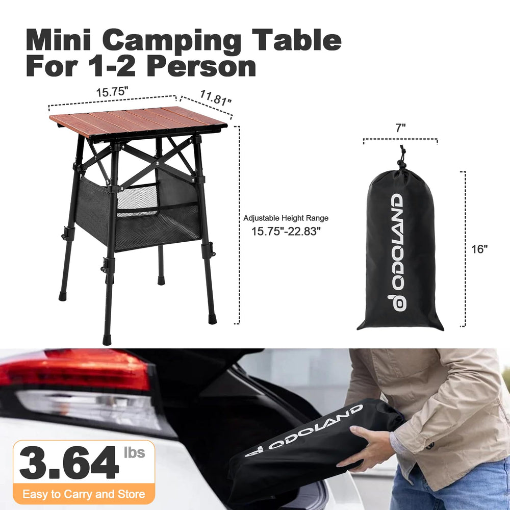 Odoland folding camping table shown as lightweight and portable for easy outdoor transport.