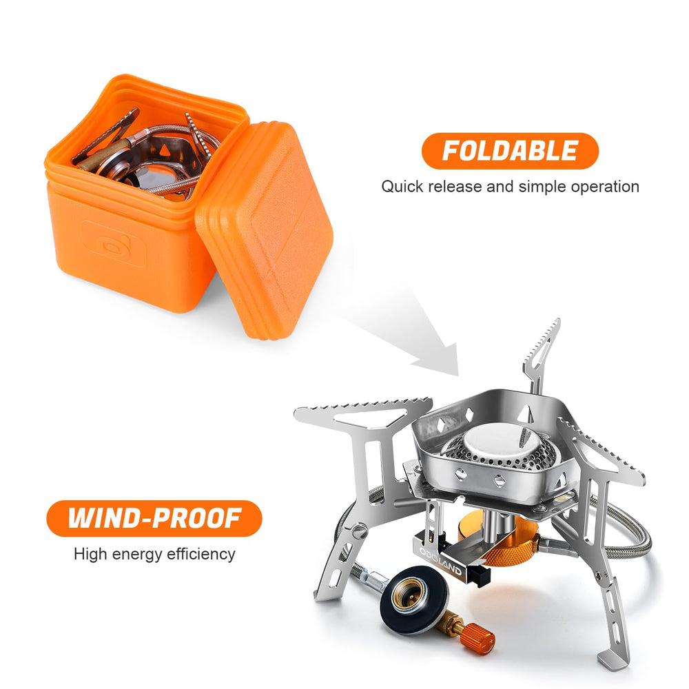Odoland fuel canister adapter connected to stove for versatile fuel options.