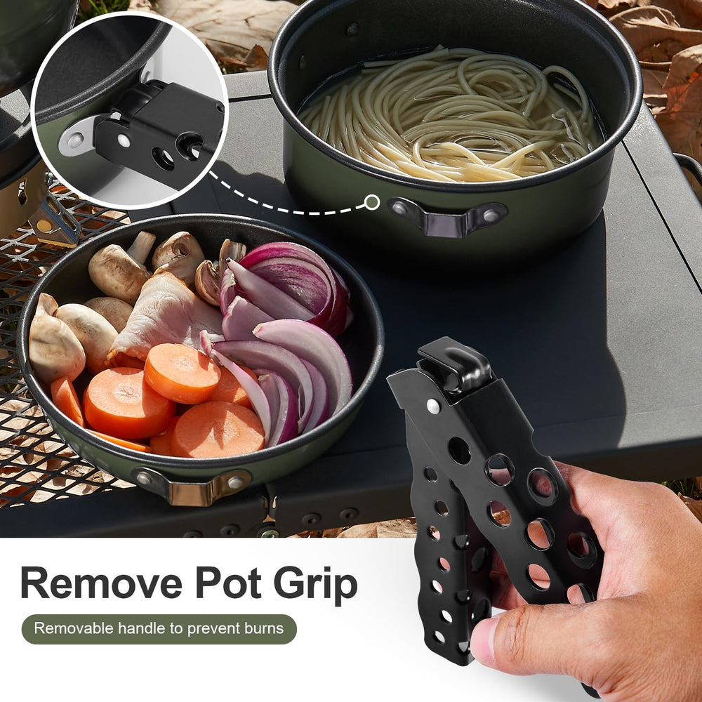 Odoland green camping cookware set built to withstand rugged outdoor use.