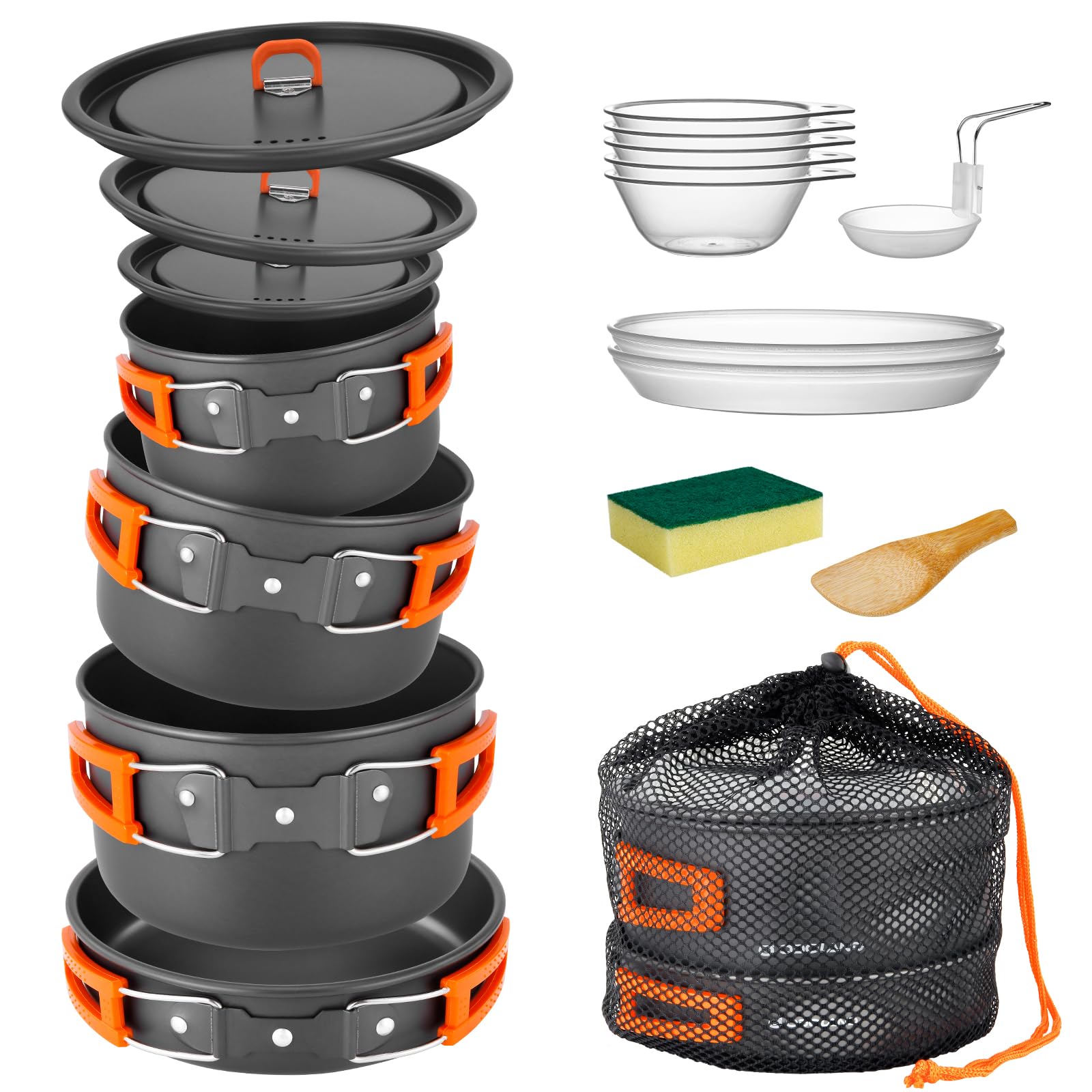 Odoland mesh bag keeps camping cookware organized on trips.
