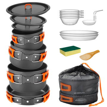 Odoland mesh bag keeps camping cookware organized on trips.
