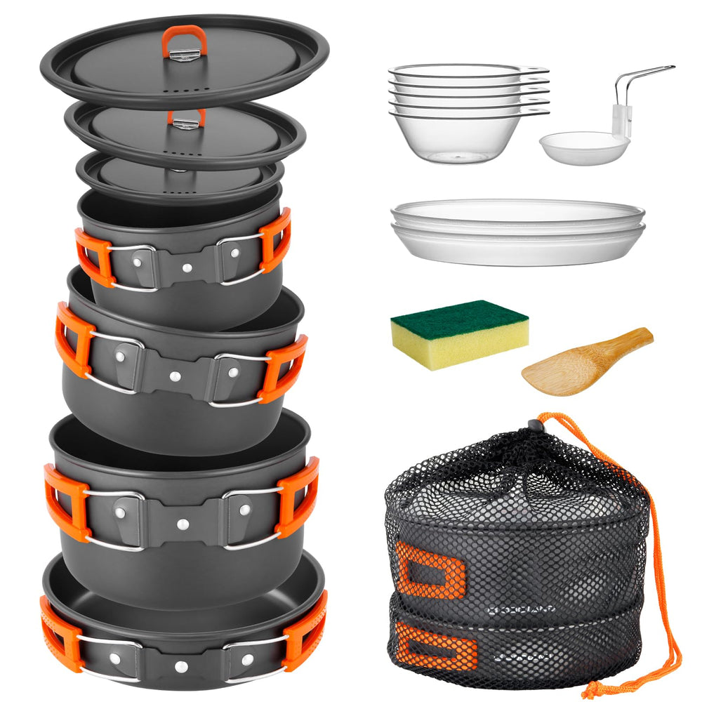 Odoland mesh bag keeps camping cookware organized on trips.