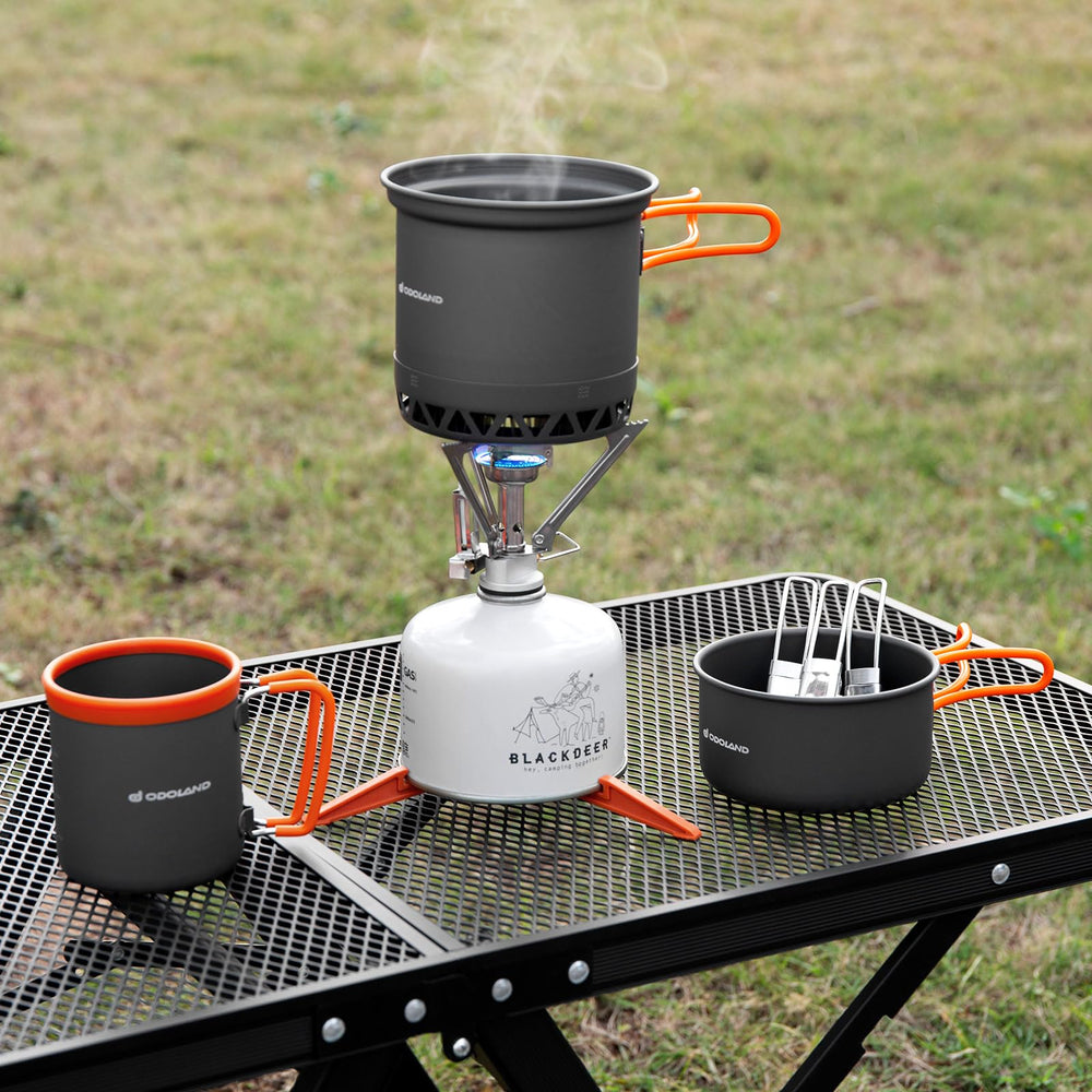 Odoland nesting cookset pack stores neatly in your backpack.