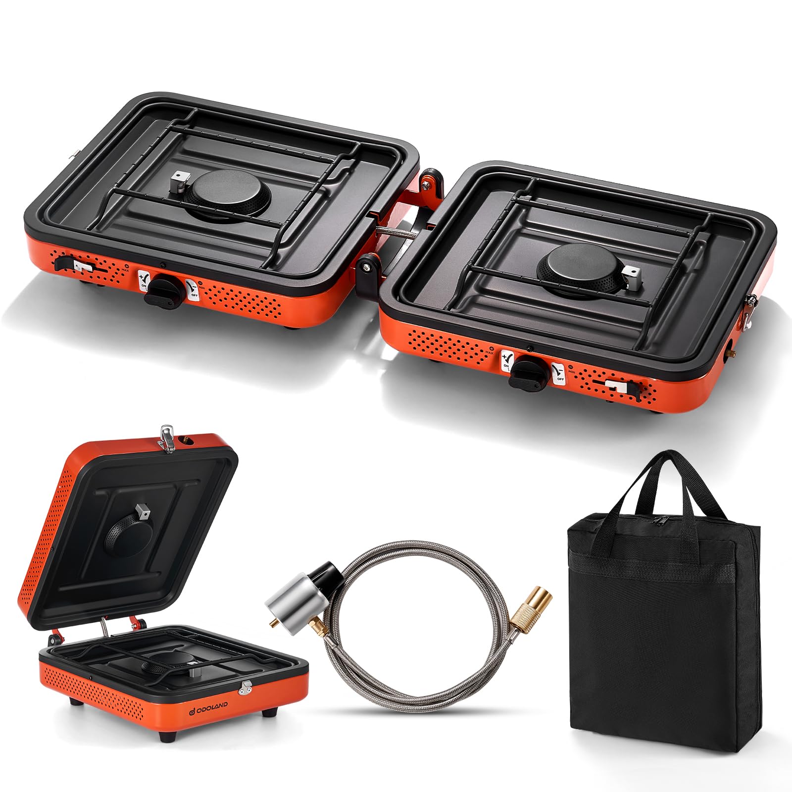 Odoland portable 2-burner stove on a stable surface for outdoor cooking.