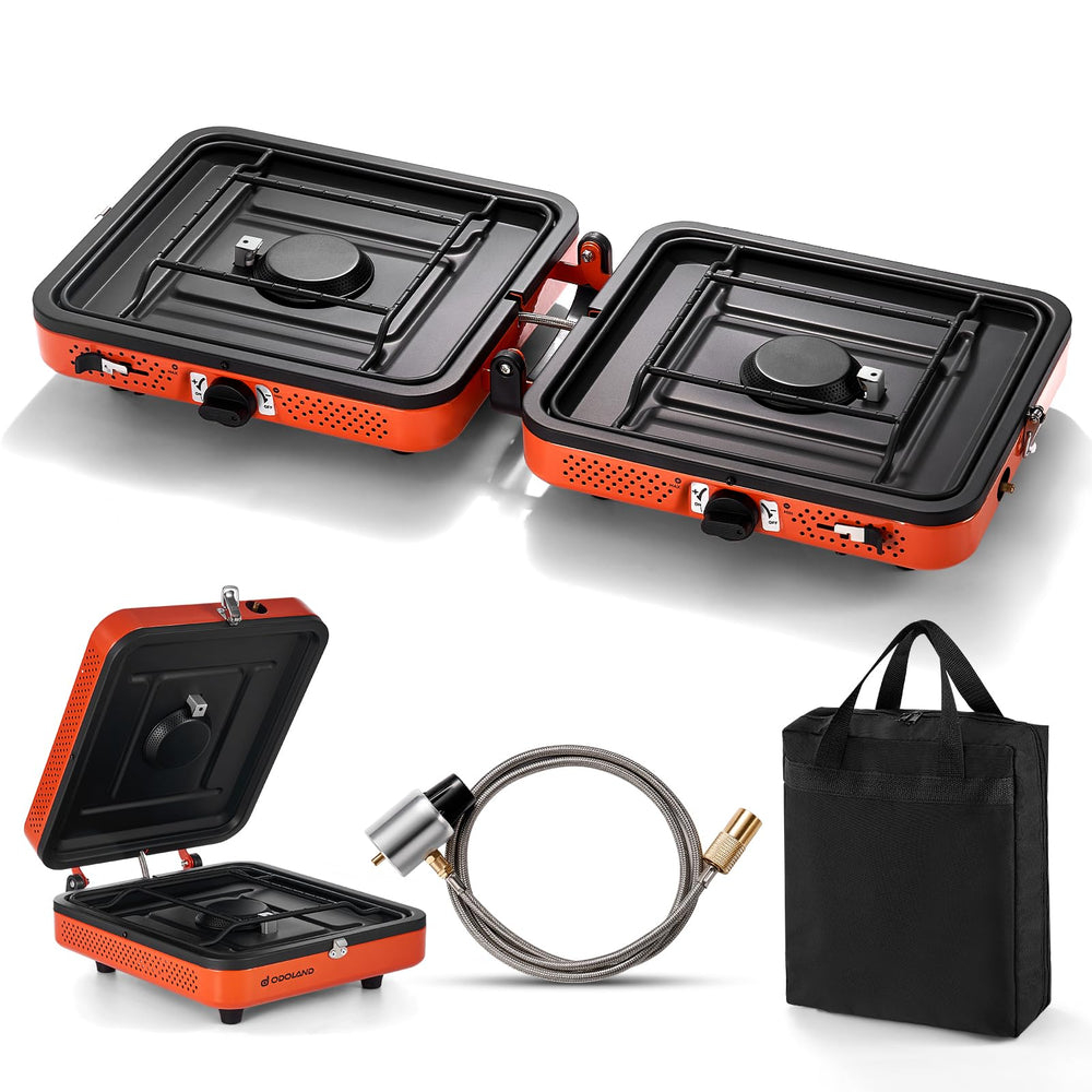 Odoland portable 2-burner stove on a stable surface for outdoor cooking.