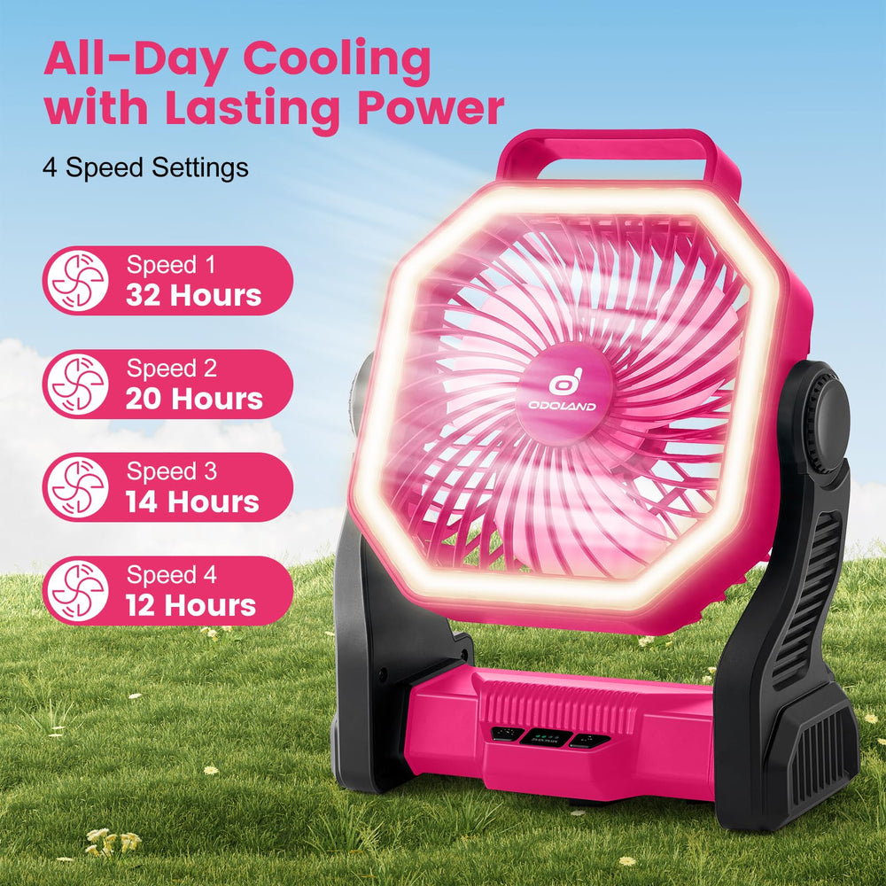 Odoland rechargeable camping fan pink with LED light on for tent illumination.