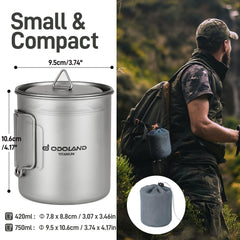 Odoland titanium camping pot 750ml – versatile capacity for hikes.