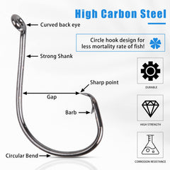 Close-up of 2X strong high carbon steel offset circle hooks