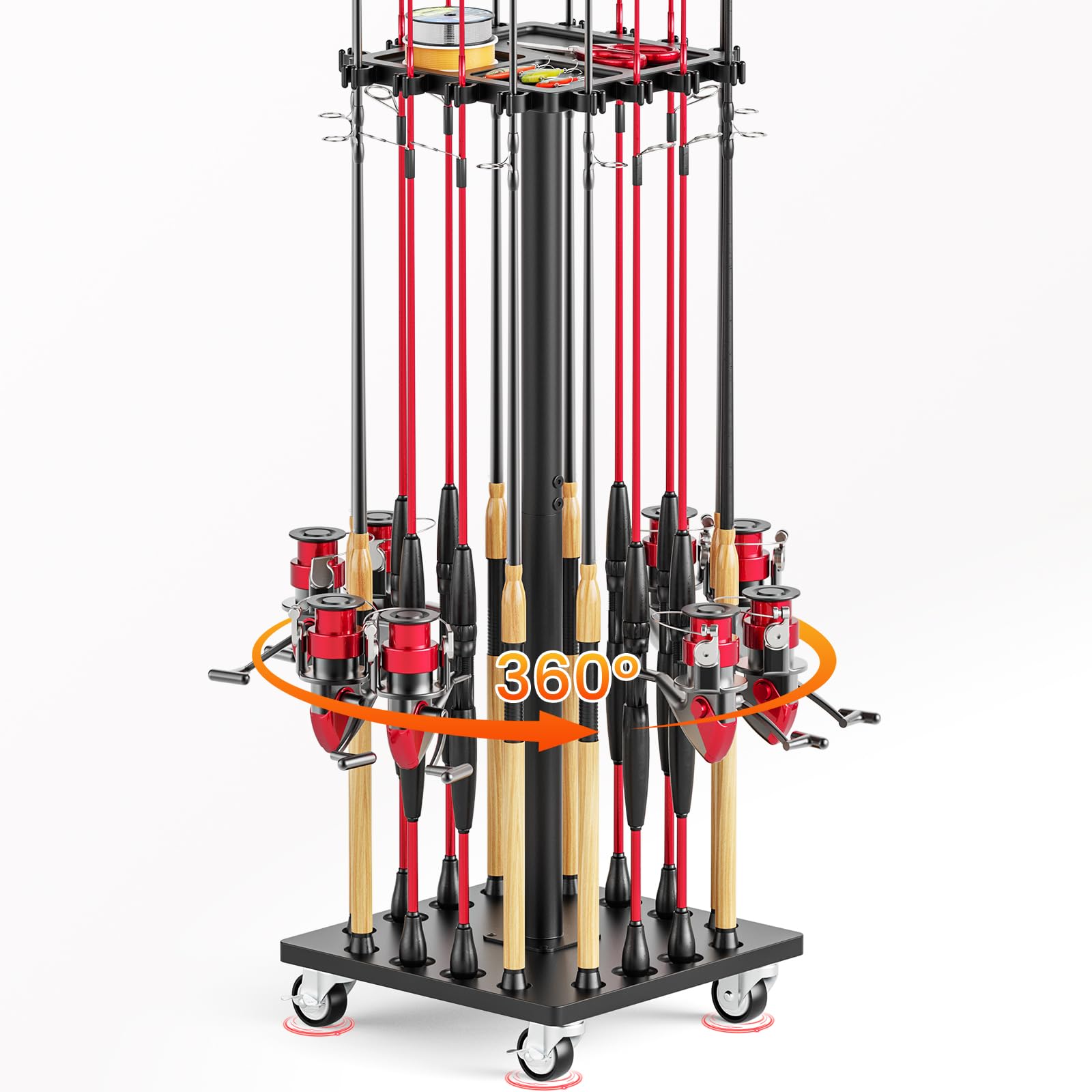 OFIDELITY fishing rod holder with 360° base showing organized rods for easy access