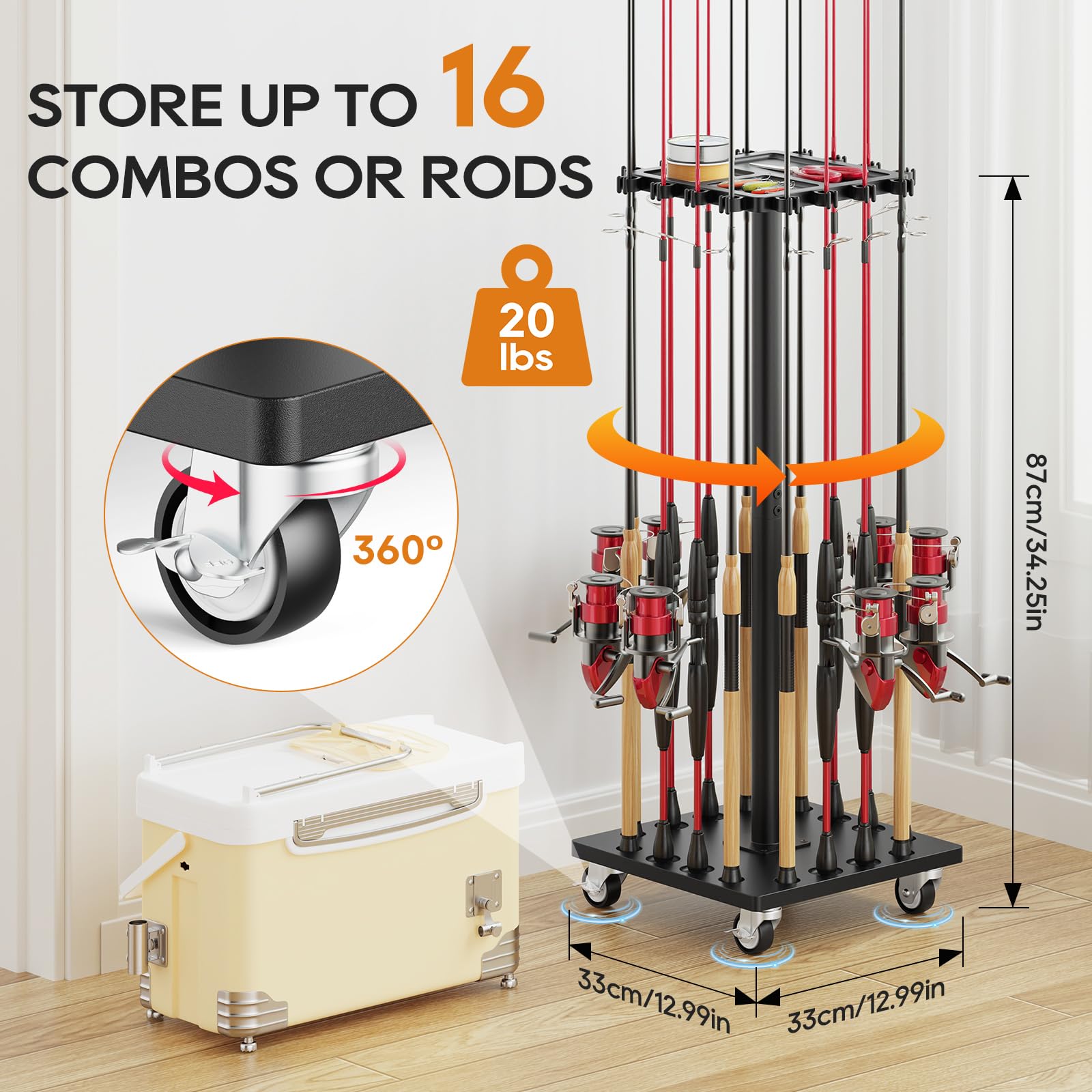 OFIDELITY wooden vertical rod storage displaying reels and tackle neatly