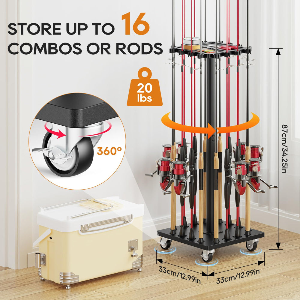 OFIDELITY wooden vertical rod storage displaying reels and tackle neatly
