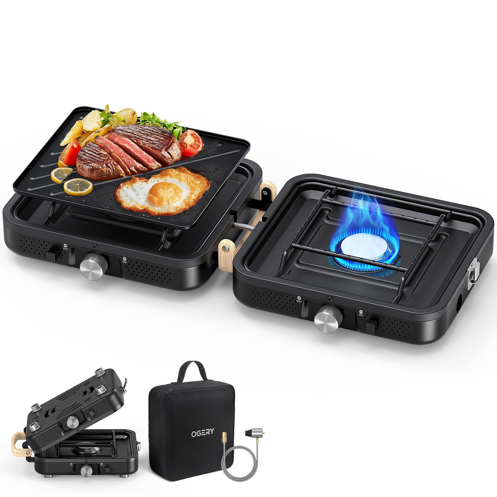 OGERY 2-burner foldable stove closed, easy transport and storage.