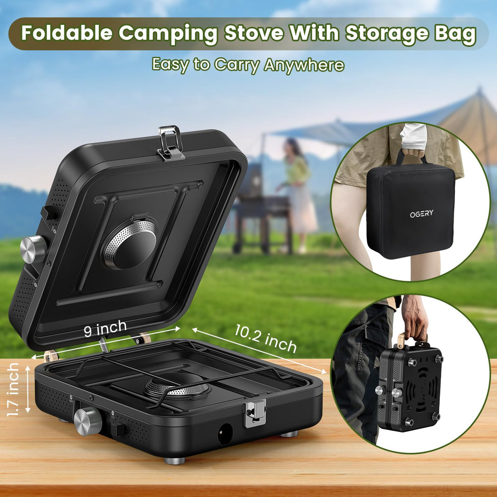 OGERY portable stove in use on an outdoor cooking setup.