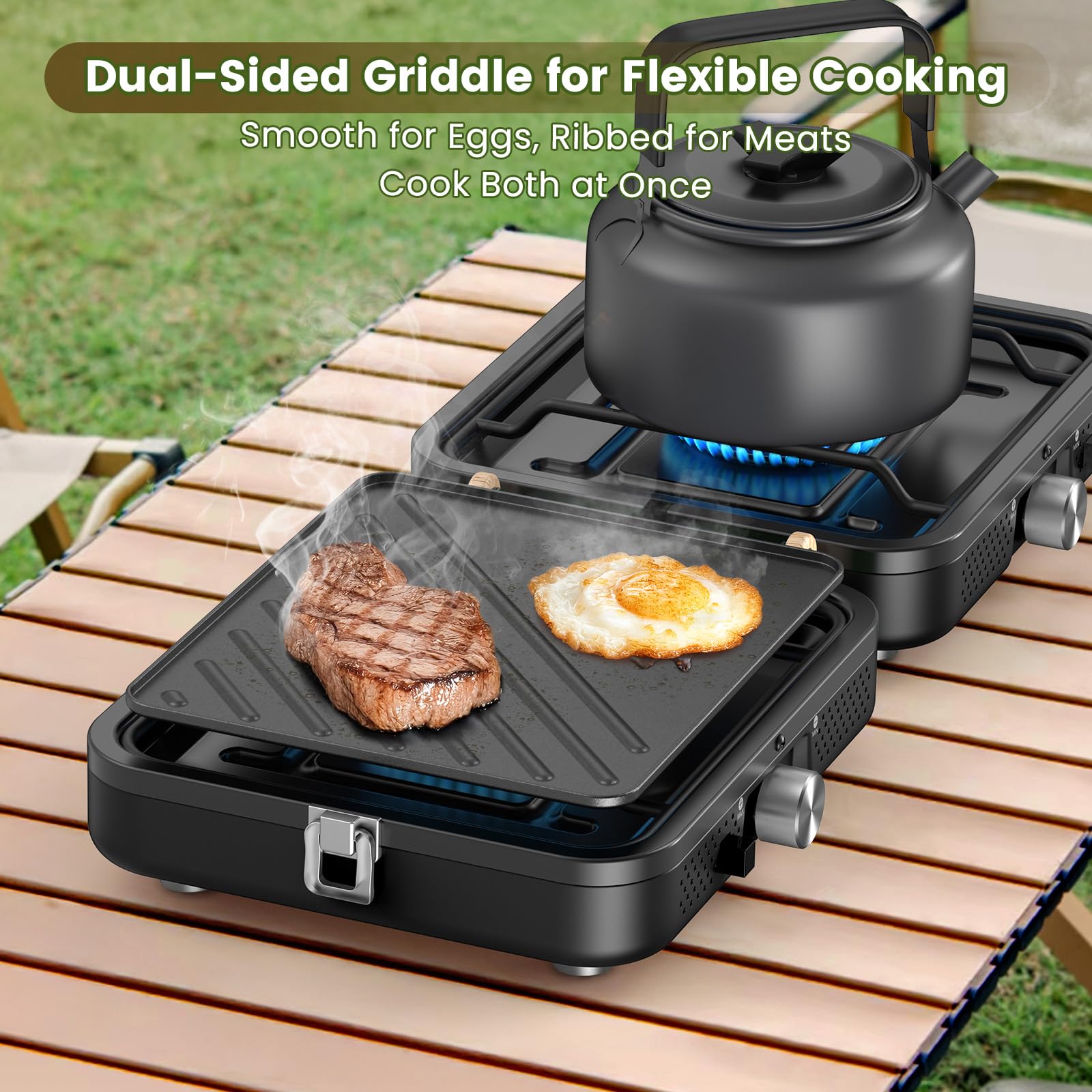 OGERY spacious cooking surface for two 10-inch pans during camping.