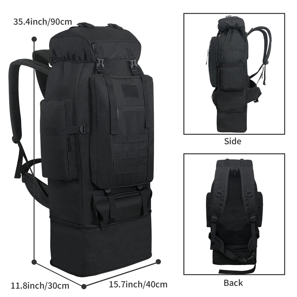 Ogetok 100L hiking backpack side view highlighting Molle expansion for accessories