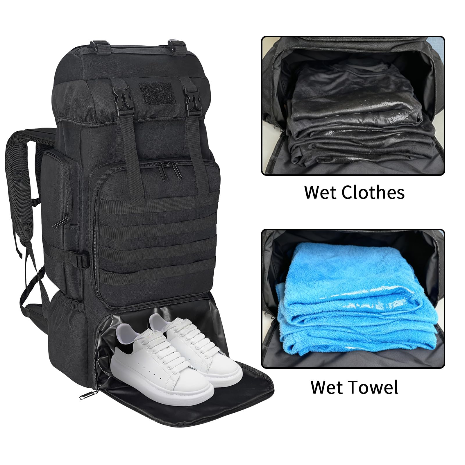 Ogetok 80L hiking backpack MOLLE system enables extra gear attachment.