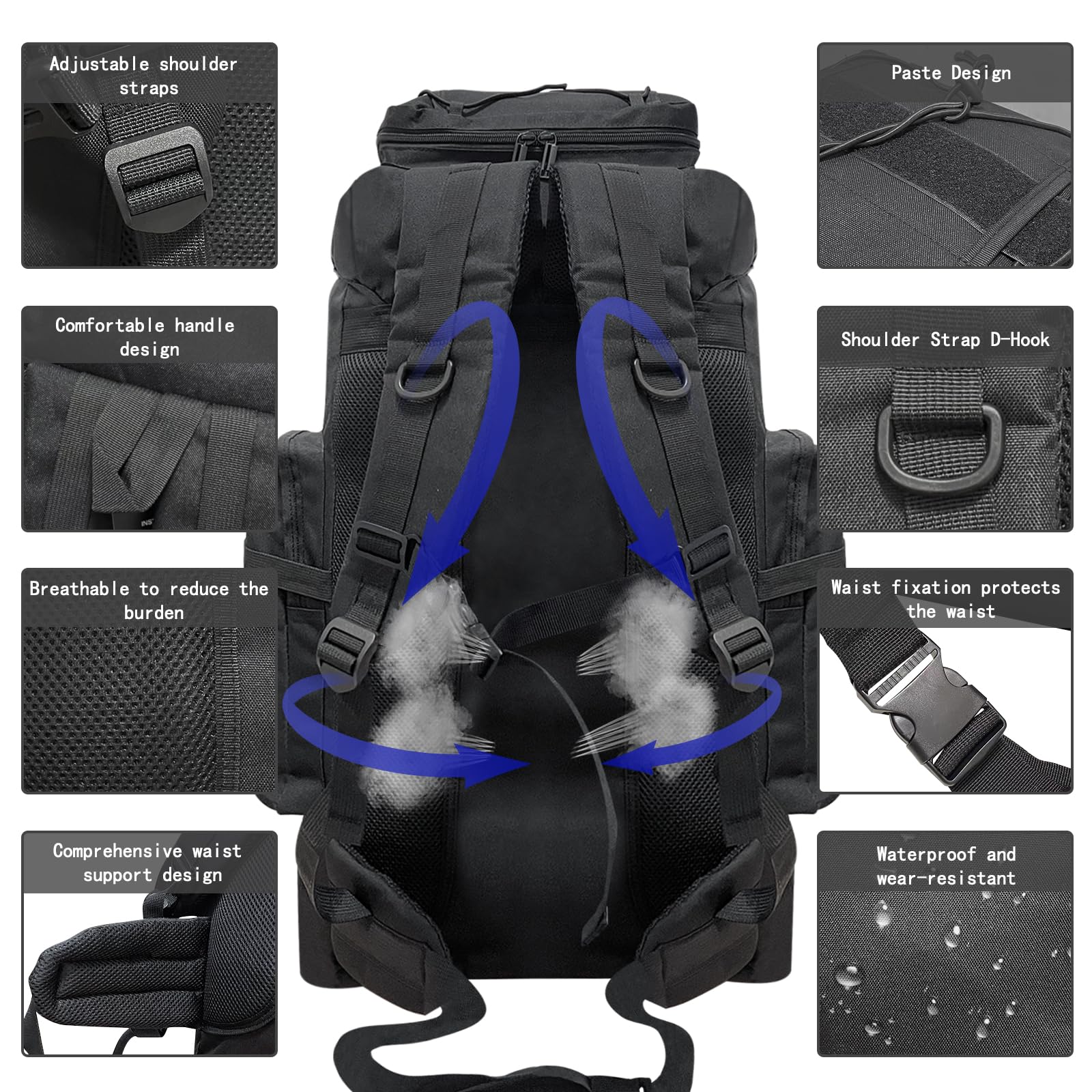 Ogetok 80L hiking backpack top strap holding camping mat for easy carry