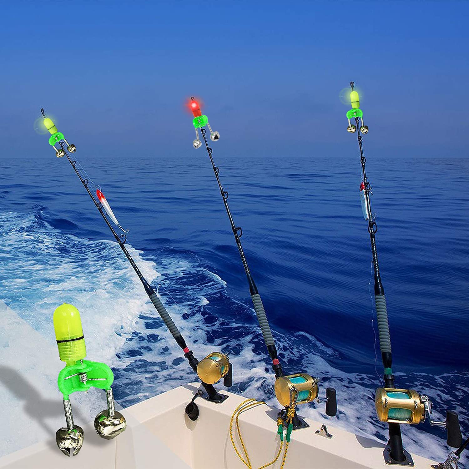 Green LED bite alarms lit on fishing rod